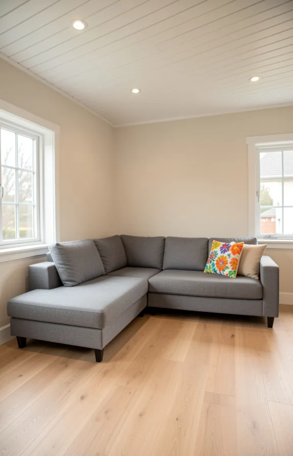 light oak flooring, white shiplap ceiling with recessed lights