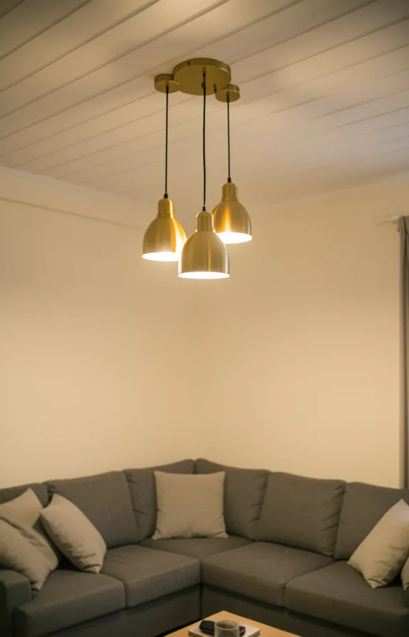 Interior shot of small living room ceiling with cluster of three warm brass pendant lights over g