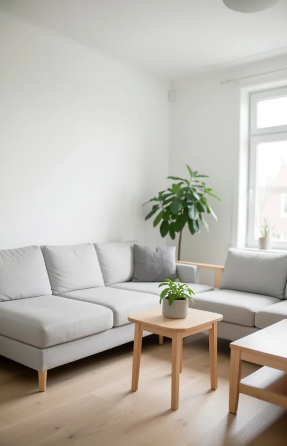 white walls, pale grey sectional, simple wooden side table