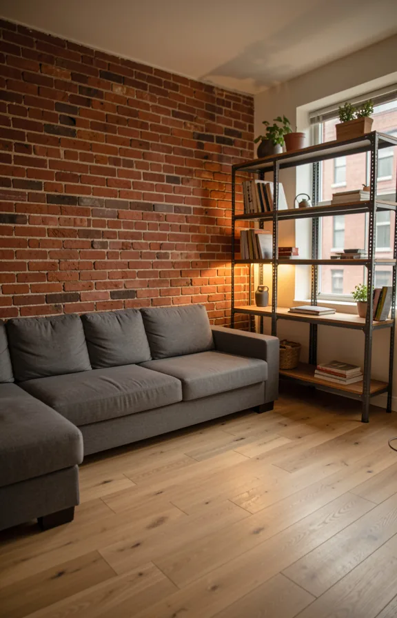 Full interior of small apartment living room with exposed red brick accent wall