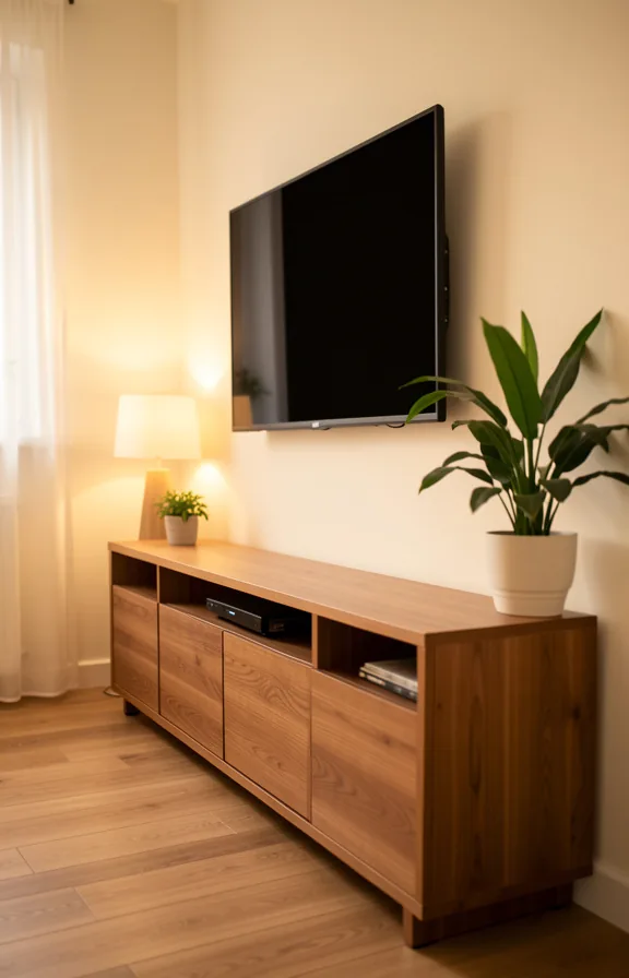Side view of compact media console in small living room with warm wood finish