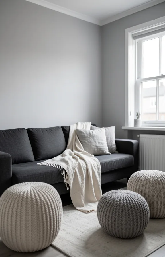 Full room view of small living space with monochromatic grey palette