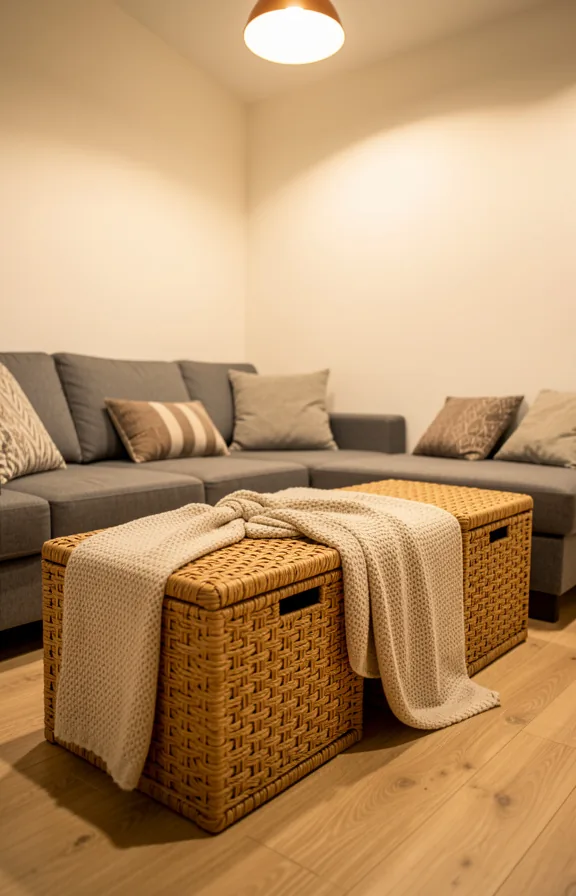 Interior shot of small living room with three woven storage ottomans grouped near grey sectional