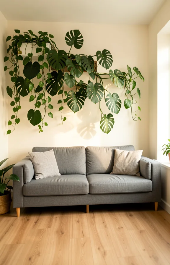 Full view of small apartment living room with living wall of trailing pothos and monstera plants