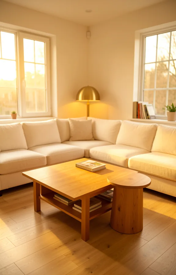 cream sectional, light wood flooring, warm brass lamp