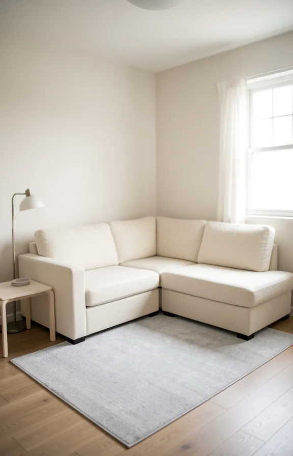 Full room view of small living space with compact L-shaped cream sectional fitting snugly in corner