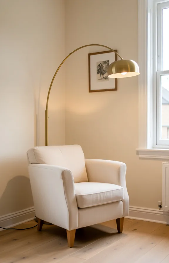 Side view of small living room with arched brass floor lamp in corner beside cream armchair