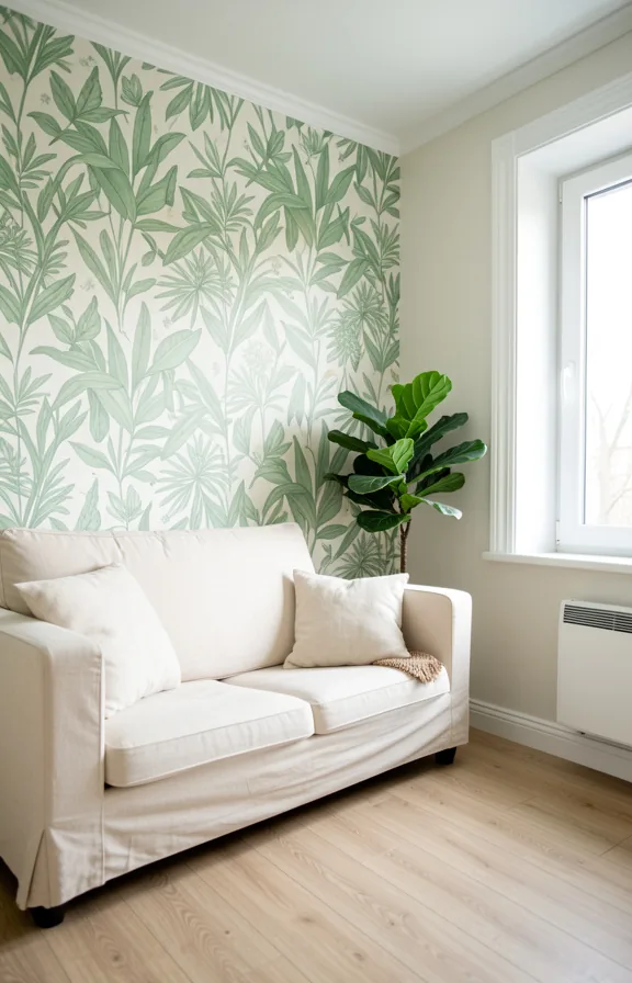 Full interior of small apartment with one accent wall in soft green botanical wallpaper