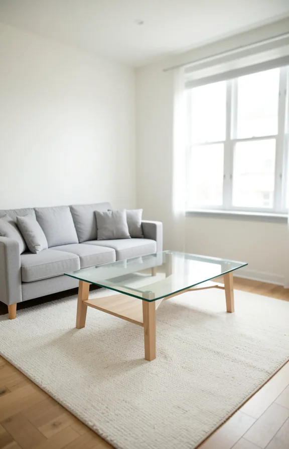 light grey sofa, cream area rug, minimal visual weight