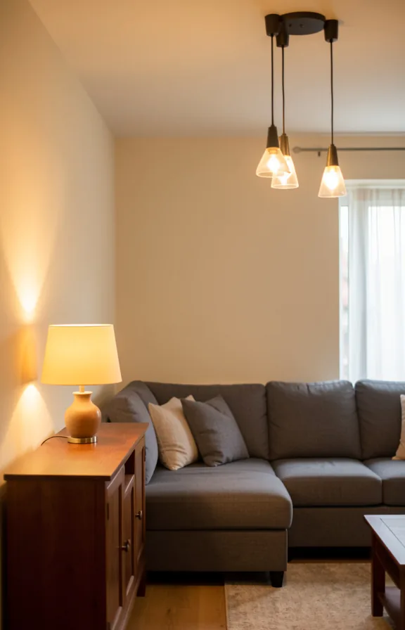 Interior shot of small living room with layered lighting