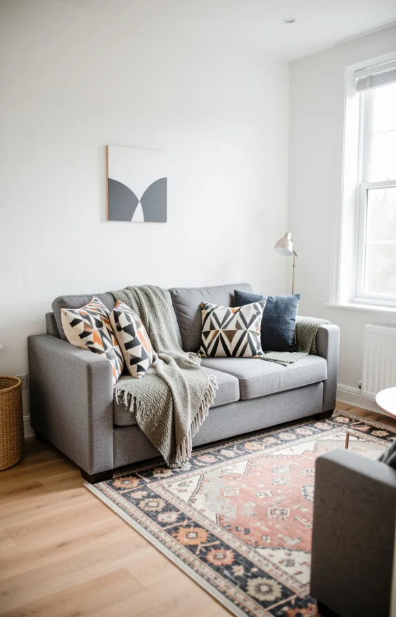 Full room view of small living space with geometric patterned throw pillows on grey sofa