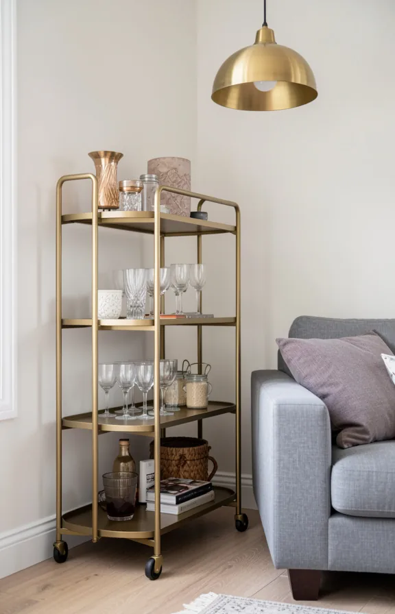 Side view of compact brass bar cart in small living room corner with three shelves