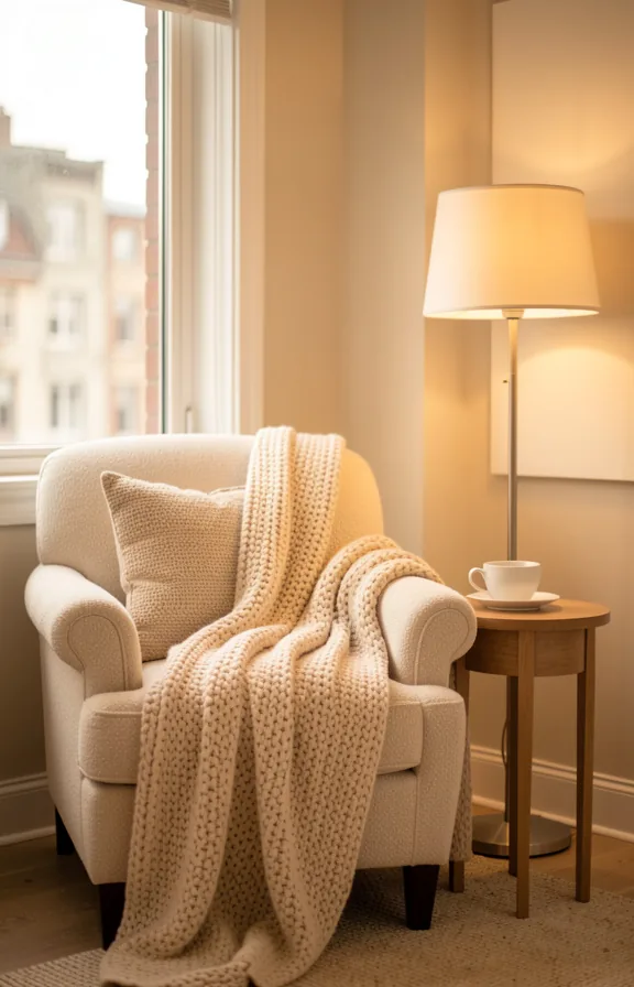 Full interior of small cosy reading nook in apartment with cream armchair