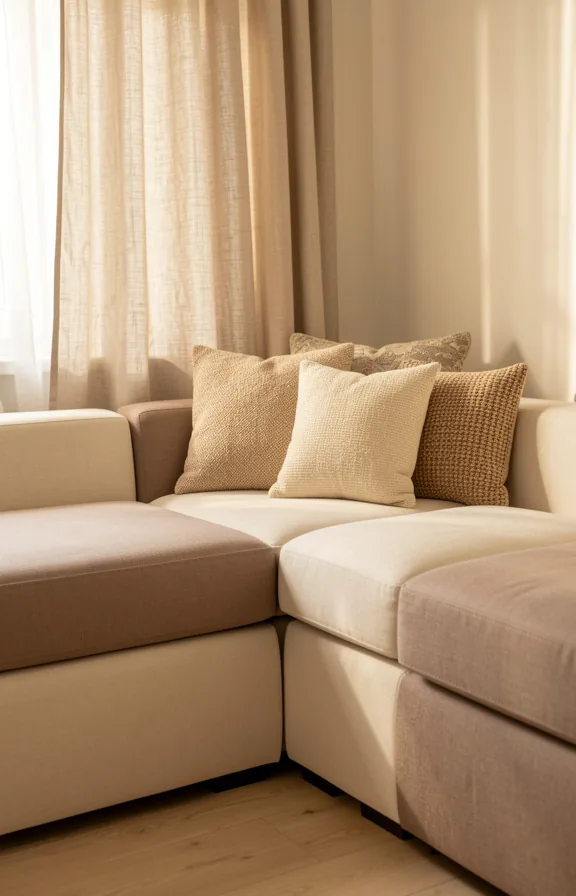 Interior view of a compact living space with layered beige