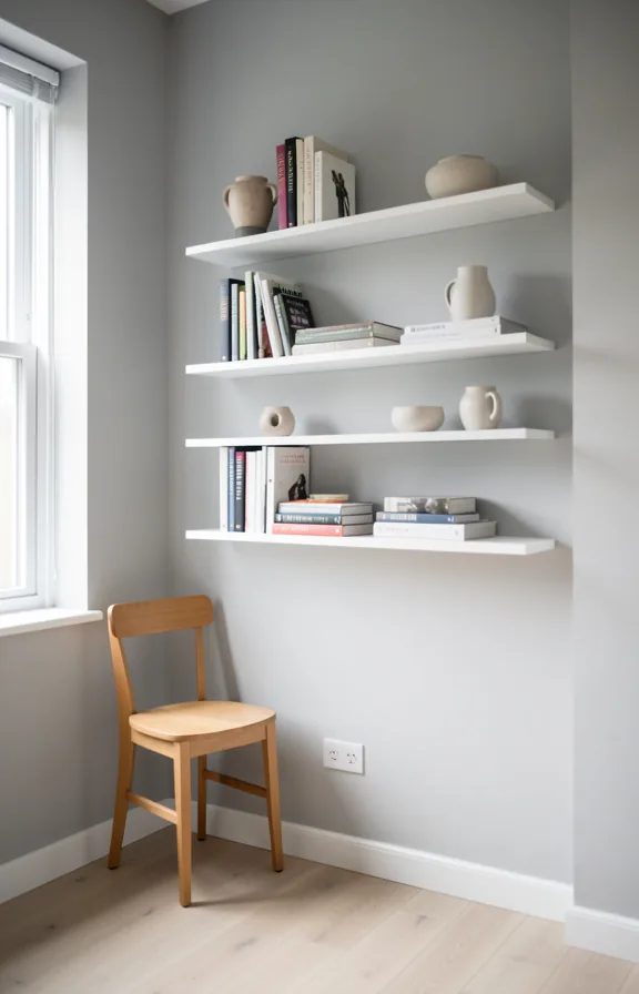 Side view of a small living room with three floating white shelves on one wall displaying books a