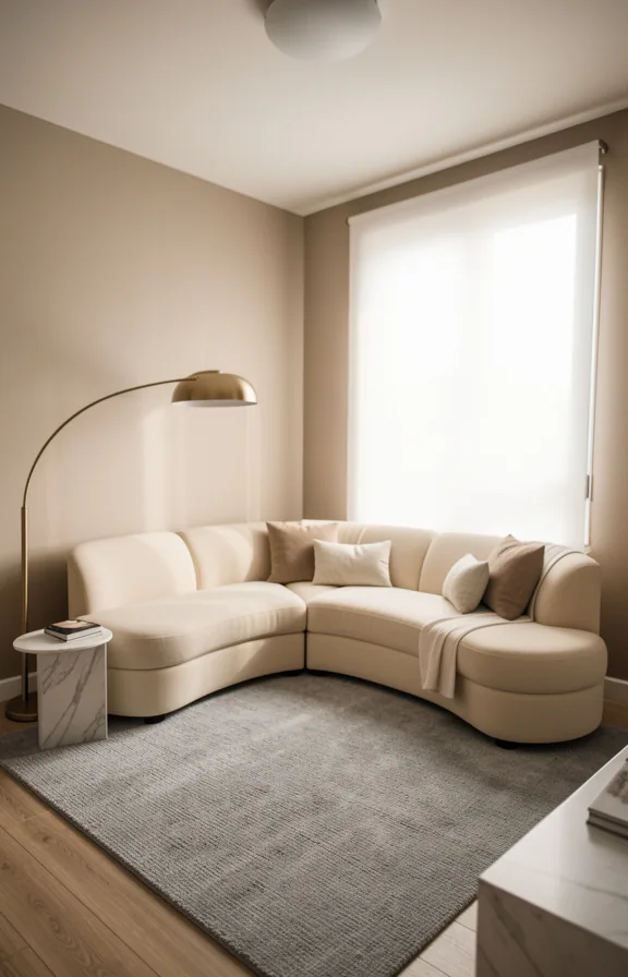 Full room view of curved cream sectional positioned in corner of small apartment
