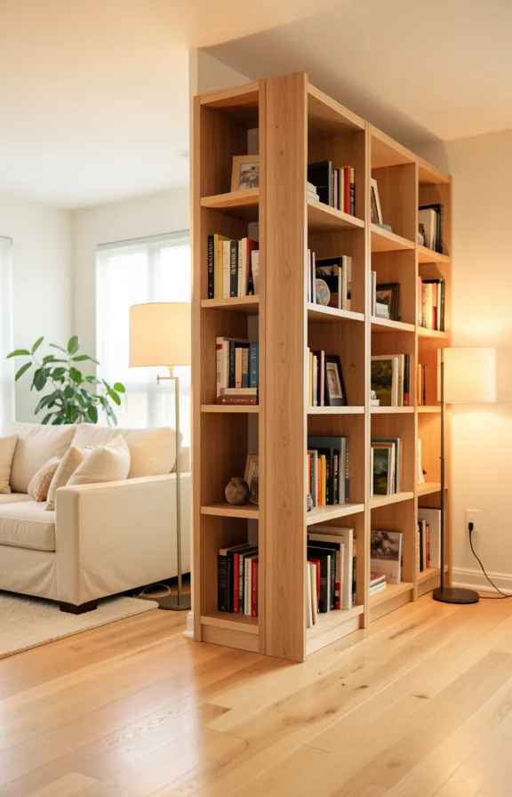 Interior shot of tall natural wood bookcase dividing small living room into zones