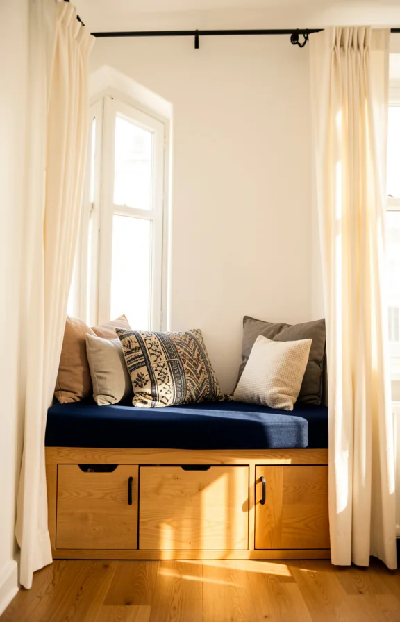 Full view of small window seat with built-in storage in apartment living room