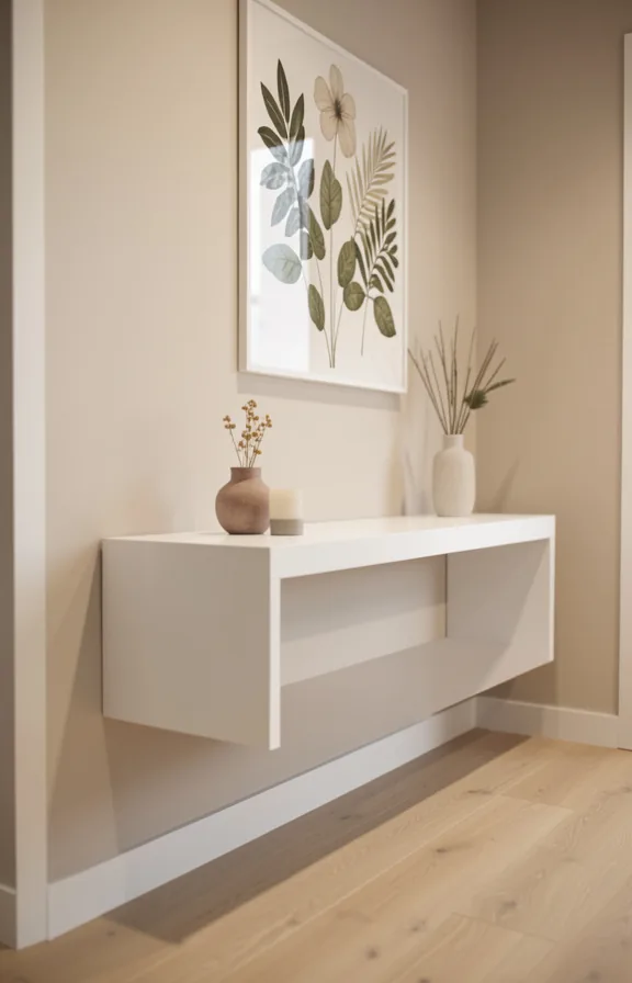 Side view of small living room entry with sleek white floating console table
