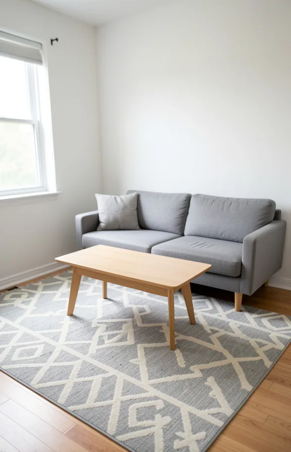 Full room view of small living space with patterned area rug in soft grey and cream geometric design