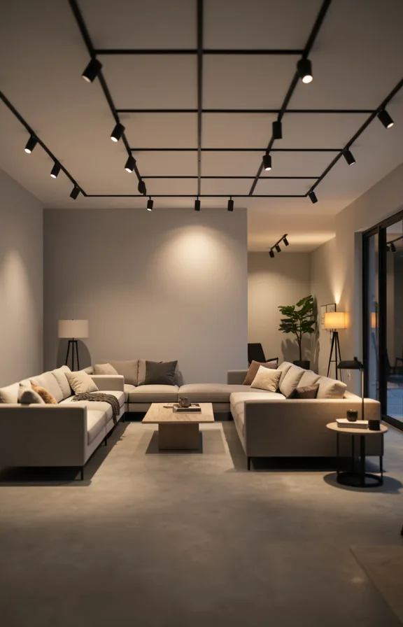 Full living room view with modern track lighting grid mounted on ceiling
