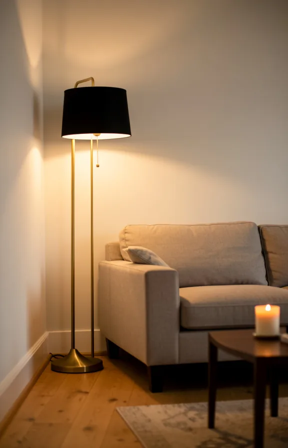 Full living room shot featuring an oversized brass or black floor lamp positioned beside a neutra