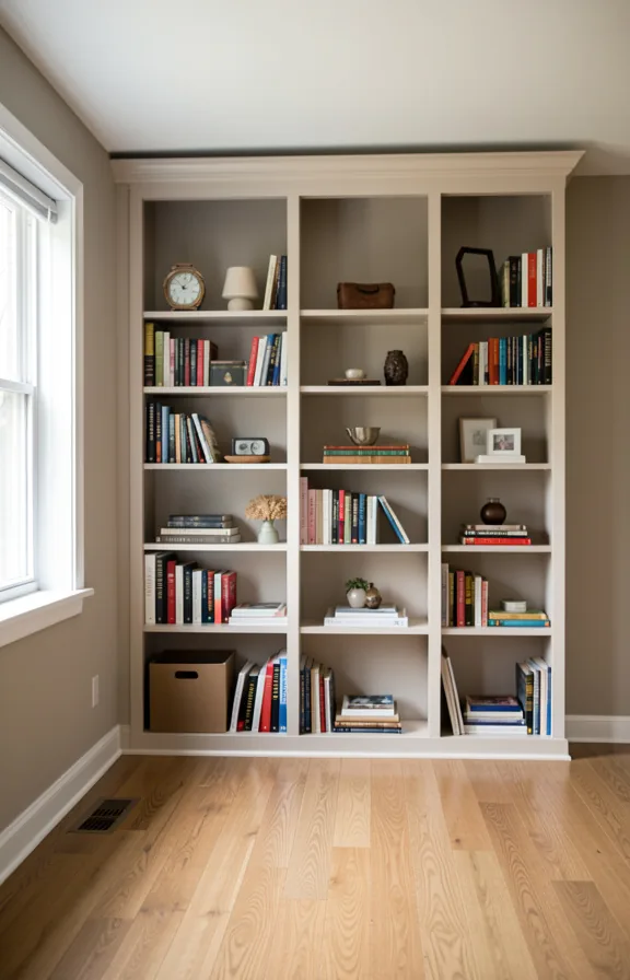 filled with books and objects, neutral wall backdrop