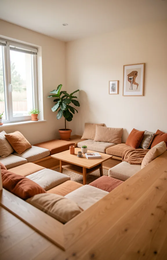 light walls, natural daylight, warm earth-tone palette, conversational and intimate gathering space