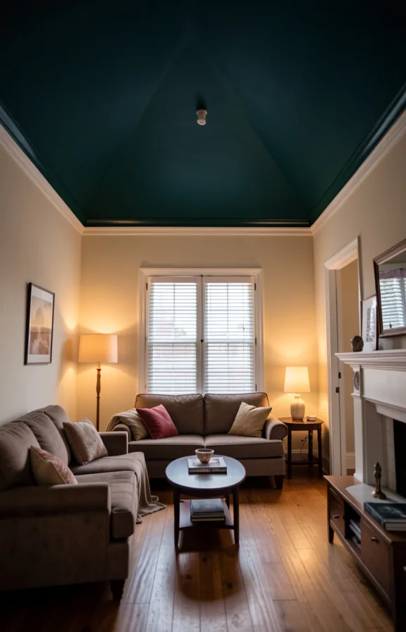 Full interior view showing a small living room with a deep jewel-tone ceiling in navy or forest g