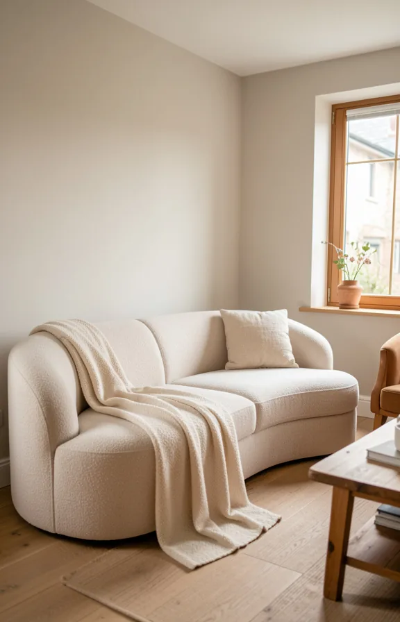 light neutral walls, cream throw blanket draped over seating