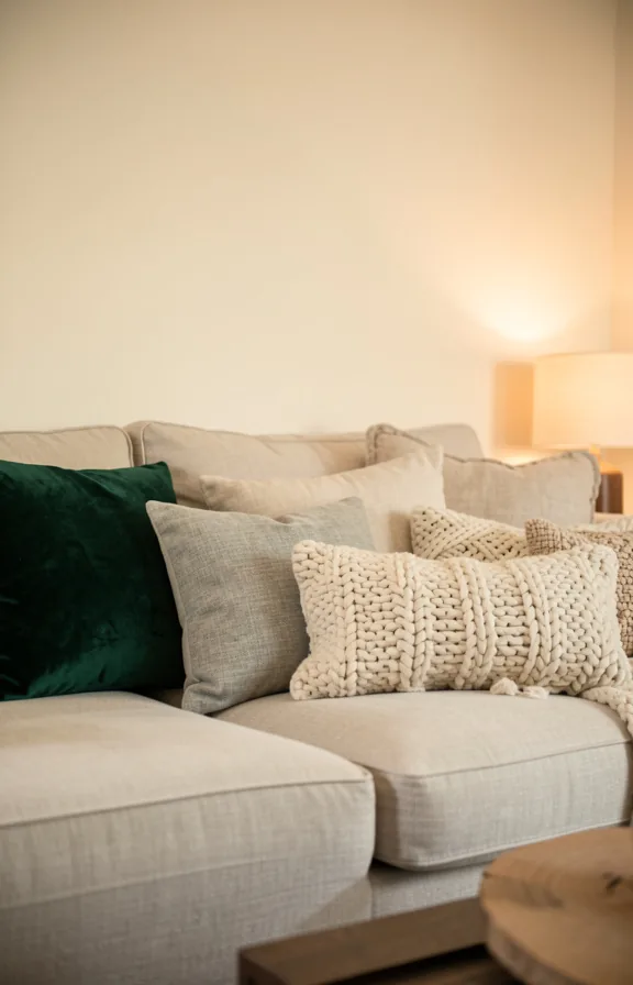 Full living room view showing a light-colored sofa layered with multiple textured throw pillows i