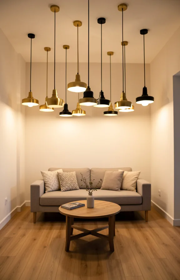 warm brass or black finishes, light walls, wooden flooring