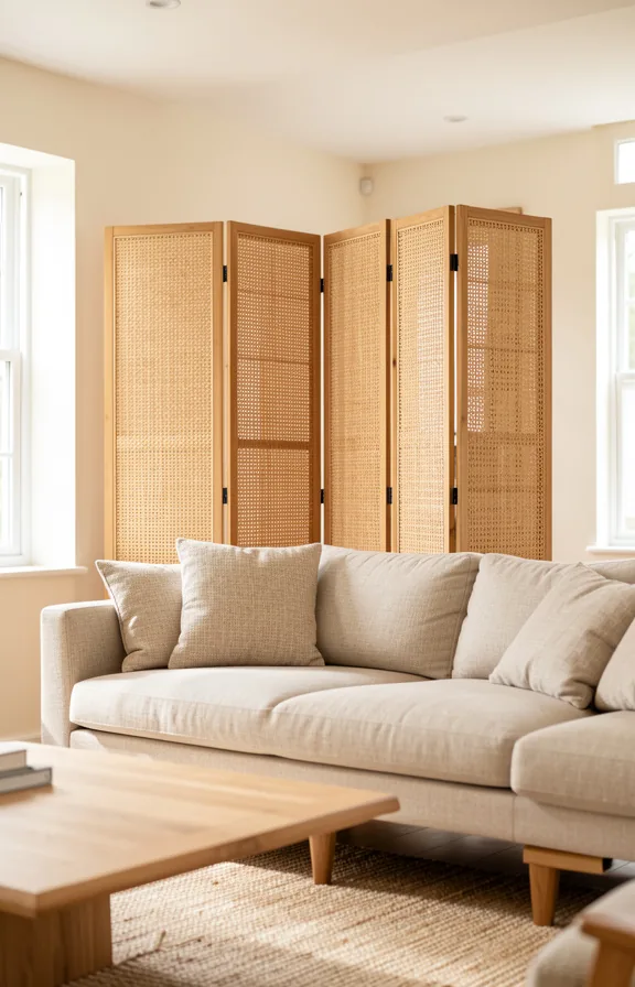 Full room view showing a woven rattan or wooden room divider screen positioned behind a sofa