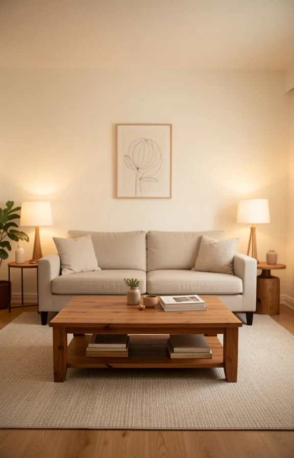 light sofa positioned above, neutral area rug, warm ambient lighting