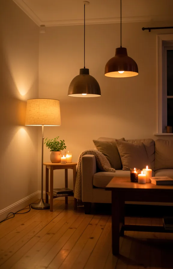 Complete living room interior showing layered ambient lighting from floor lamp