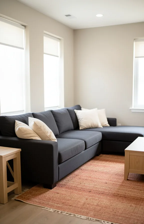 Full living room view showing a low-profile sectional sofa in charcoal gray positioned against on