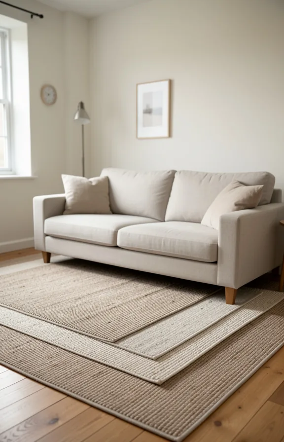 Interior shot of small living room with multiple layered area rugs in complementary neutral tones
