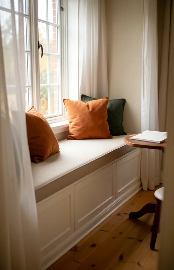 Angled view of a built-in window seat with cushioned seating
