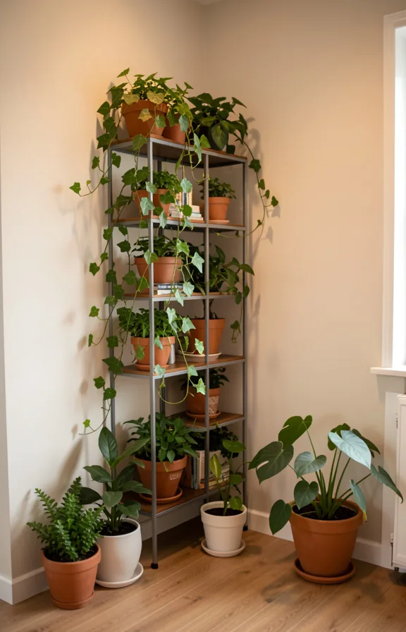 Corner view of a small living room with a tall metal plant stand and climbing ivy creating a livi
