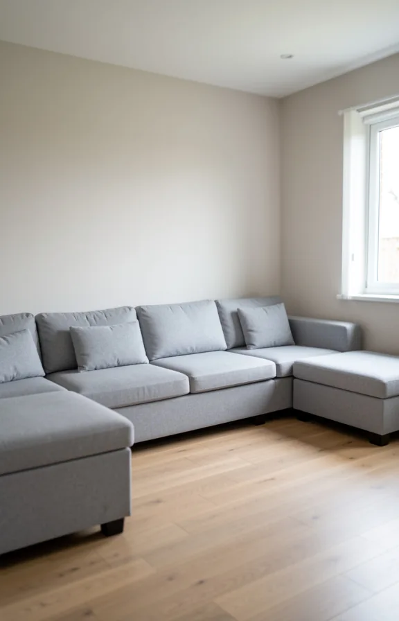 light gray sofa with removable cushions, neutral walls