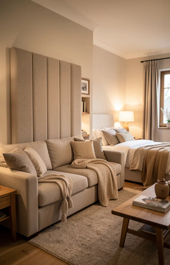Full view of a small living room featuring a tall upholstered headboard leaning against one wall
