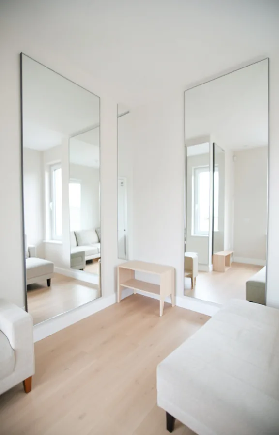 light walls, wooden flooring, minimal furniture, bright and airy atmosphere
