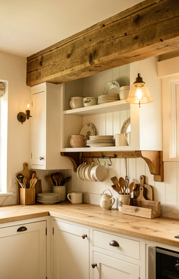 Rustic farmhouse kitchen with white painted cabinets