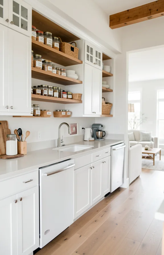 Open concept kitchen living space with white cabinetry