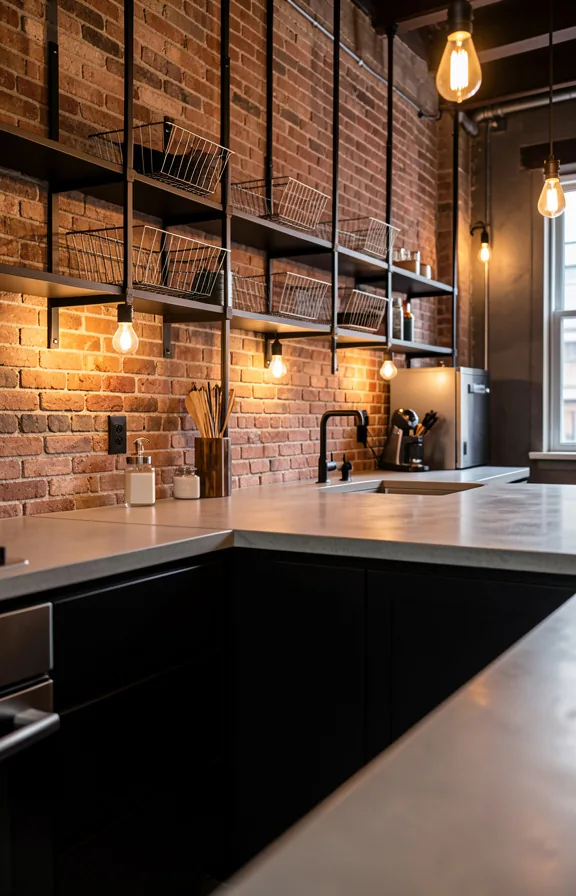 Industrial loft kitchen with black lower cabinets
