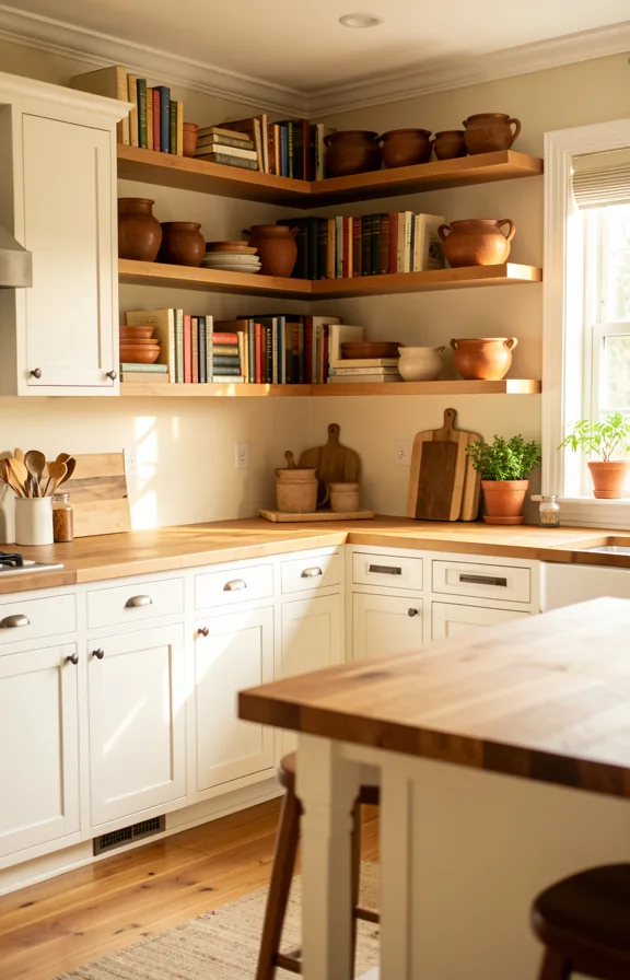 Full farmhouse kitchen with white shaker cabinets, butcher block island