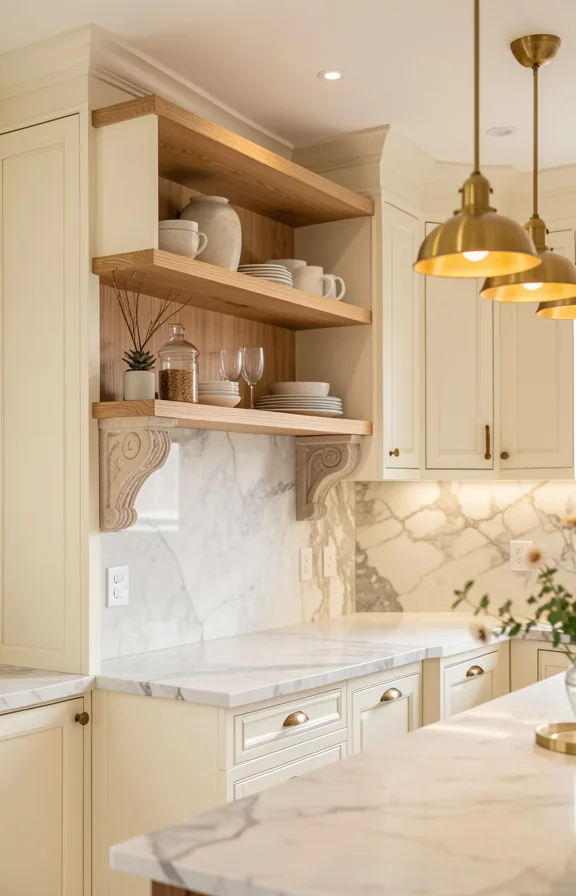 Classic kitchen with cream cabinets, stone carved corbels supporting open shelves above cabinets