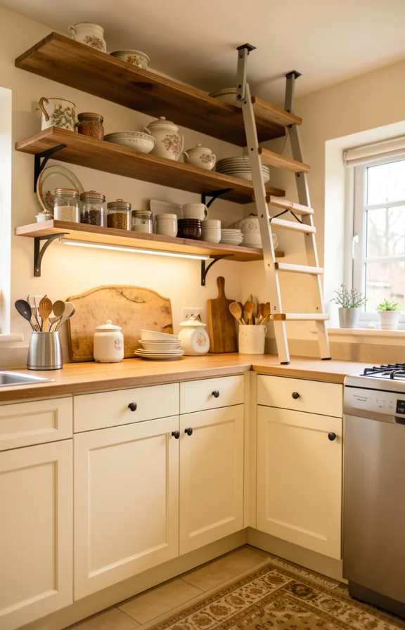 Practical kitchen with cream cabinets, open shelving above with rolling ladder for access