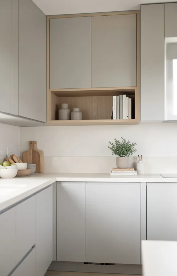 Transitional kitchen with light grey cabinetry