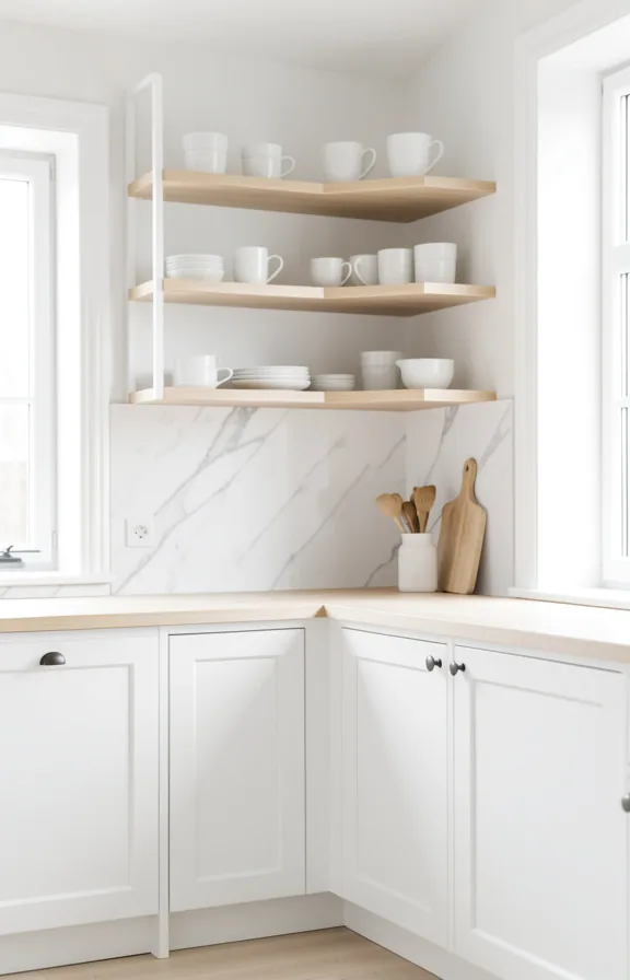 Scandinavian kitchen with white cabinets, open shelving above featuring white marble alcove backing